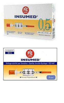 SIRINGA PER INSULINA PIC INSUMED 0,5 ML 100 UI AGO GAUGE 30 LUNGHEZZA 8 MM SENZA SPAZIO MORTO 3 SACCHETTI DA 10 PEZZI - farmacia187.it