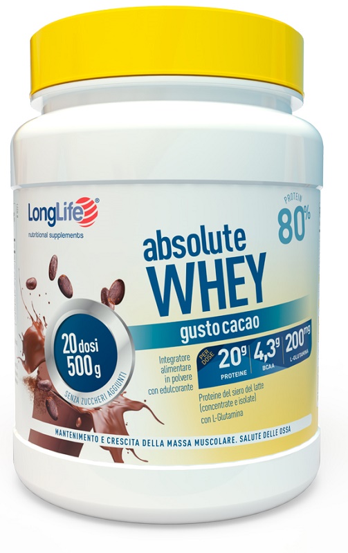 LONGLIFE ABSOLUTE WHEY CACAO 500 G CON EDULCORANTE SENZA GLUTINE - farmacia187.it