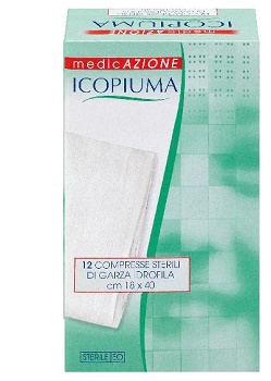 ICOPIUMA GARZA COMPRESSA IDROFILA IN COTONE PIEGATA STERILE SENZA FILO DI BARIO TITOLO 12/8 MISURA 18X40 CM IN BUSTA SINGOLA 12 PEZZI - farmacia187.it