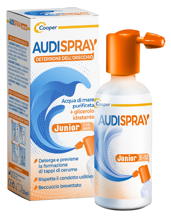 AUDISPRAY JUNIOR 3-12 ANNI SOLUZIONE DI ACQUA DI MARE IPERTONICA SPRAY SENZA GAS IGIENE ORECCHIO 25ML - farmacia187.it