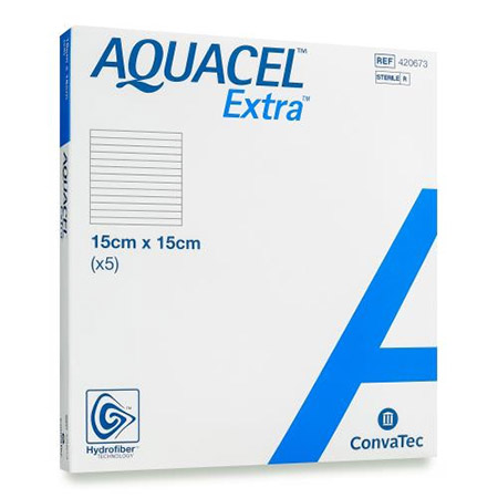 MEDICAZIONE IN TECNOLOGIA HYDROFIBER IN CARBOSSIMETILCELLULOSA SODICA E CELLULOSA RIGENERATA AQUACEL EXTRA 15X15 CM 5 PEZZI - farmacia187.it