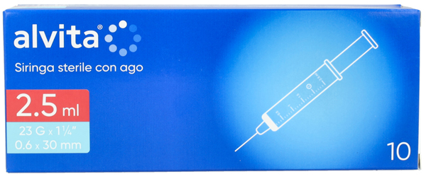 SIRINGA PER INFUSIONE E IRRIGAZIONE ALVITA 2,5 ML CON AGO 23 GAUGE 1 1/4 0,6X30MM 10 PEZZI - farmacia187.it