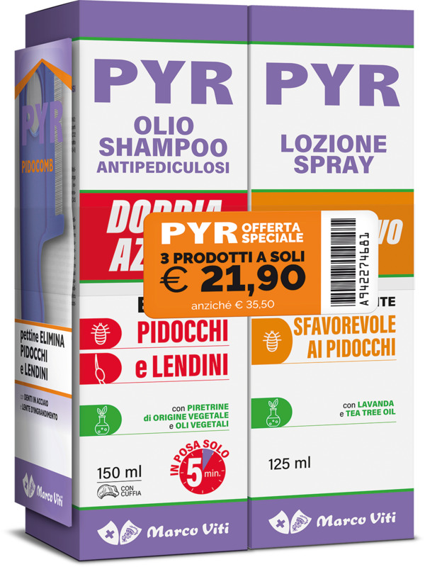 PYR ABB OLIO SHAMPOO ANTIPEDICULOSI + 1 OLIO SHAMPOO DOPPIA AZIONE + 1 LOZIONE SPRAY + 1 PETTINE LENDINI - farmacia187.it