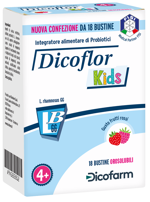 DICOFLOR KIDS 18 BUSTINE OROSOLUBILI GUSTO FRUTTI ROSSI - farmacia187.it
