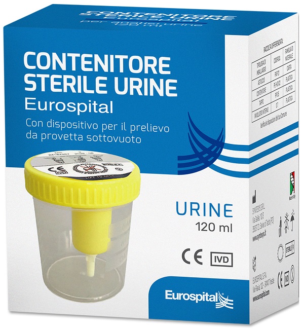 CONTENITORE URINA 120 ML STERILE CON TAPPO GIALLO IN ASTUCCIO EUROSPITAL - farmacia187.it