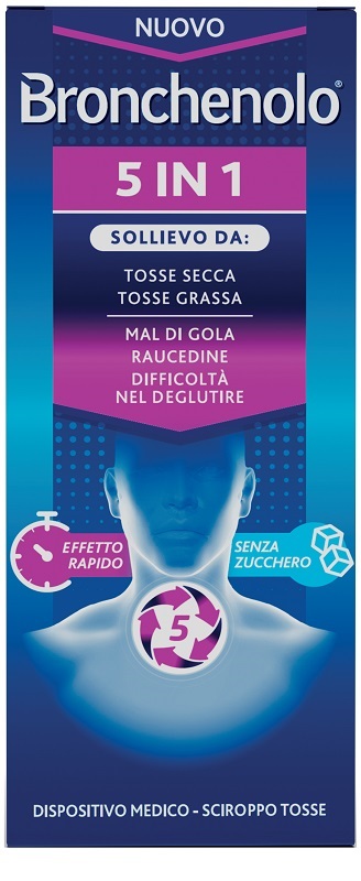 BRONCHENOLO 5 IN 1 SCIROPPO TOSSE 120 ML SENZA ZUCCHERO, ALCOL, LATTOSIO, GLUTINE, COLORANTI ARTIFICIALI E OGM - farmacia187.it