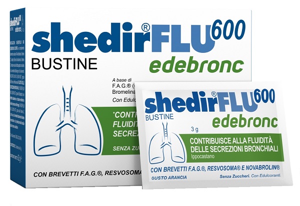 SHEDIRFLU 600 EDEBRONC 20 BUSTINE DA 3 G GUSTO ARANCIA, SENZA GLUTINE, NATURALMENTE PRIVO DI LATTOSIO, SENZA ZUCCHERI, CON EDULCORANTE - farmacia187.it