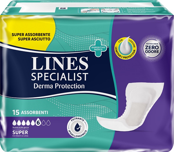 PANNOLONE PER INCONTINENZA LINES SPECIALIST DERMA PROTECTION SAGOMATO ANATOMICO SUPER 15 PEZZI - farmacia187.it