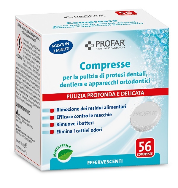 PROFAR COMPRESSE PULIZIA PROTESI DENTALI-DENTIERA-APPARECCHI ORTODONTICI 56 PEZZI - farmacia187.it