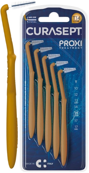 SCOVOLINO CURASEPT PROXI ANGLE MISURA T14 CONICO ISO 4 COLORE OCRA DIAMETRO 1,4 MM 5 PEZZI - farmacia187.it