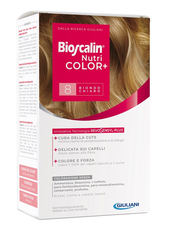 BIOSCALIN NUTRICOLOR PLUS 8 BIONDO CHIARO CREMA COLORANTE 40 ML + RIVELATORE CREMA 60 ML + SHAMPOO 12 ML + TRATTAMENTO FINALE BALSAMO 12 ML - farmacia187.it