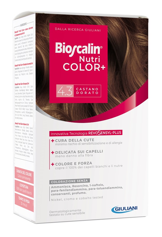 BIOSCALIN NUTRICOLOR PLUS 4,3 CASTANO DORATO CREMA COLORANTE 40 ML + RIVELATORE CREMA 60 ML + SHAMPOO 12 ML + TRATTAMENTO FINALE BALSAMO 12 ML - farmacia187.it