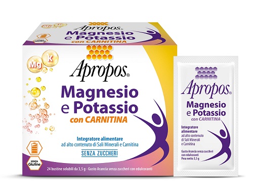 APROPOS MAGNESIO E POTASSIO CON CARNITINA 24 BUSTINE SOLUBILI DA 3,5 G GUSTO ARANCIA SENZA ZUCCHERI - farmacia187.it