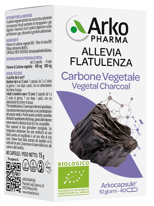 ARKO CAPSULE CARBONE VEGETALE BIO 40 CAPSULE - farmacia187.it