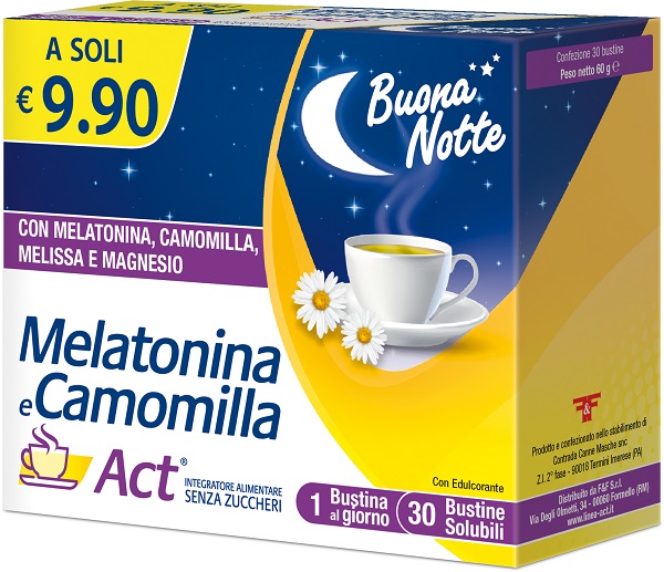 MELATONINA E CAMOMILLA ACT 30 BUSTINE SOLUBILI SENZA ZUCCHERI - farmacia187.it