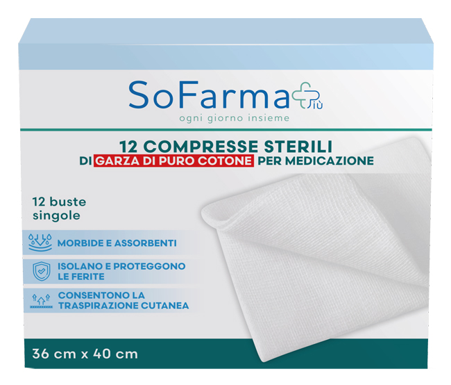 GARZA COMPRESSA IN COTONE 36X40 CM 12 PEZZI SOFARMAPIU' - farmacia187.it