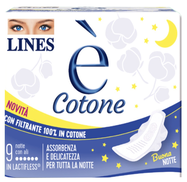LINES E' COTONE ALI ASSORBENTE ESTERNO NOTTE 9 PEZZI - farmacia187.it