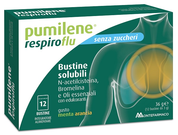 PUMILENE RESPIROFLU SENZA ZUCCHERO 12 BUSTINE GUSTO MENTA ARANCIA 36 G - farmacia187.it