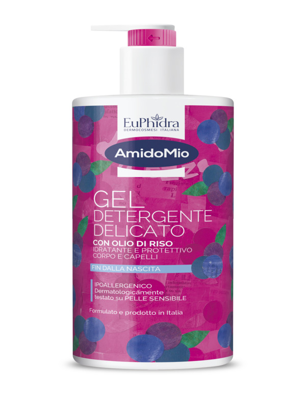 AMIDOMIO GEL DETERGENTE DELICATO CON OLIO DI RISO IDRATANTE E PROTETTIVO CORPO E CAPELLI FIN DALLA NASCITA IPOALLERGENICO 750 ML - farmacia187.it