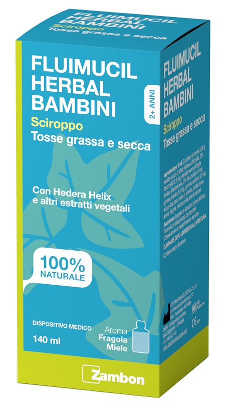 FLUIMUCIL HERBAL BAMBINI SCIROPPO TOSSE GRASSA E SECCA 140 ML AROMA FRAGOLA E MIELE SENZA GLUTINE SENZA LATTOSIO - farmacia187.it